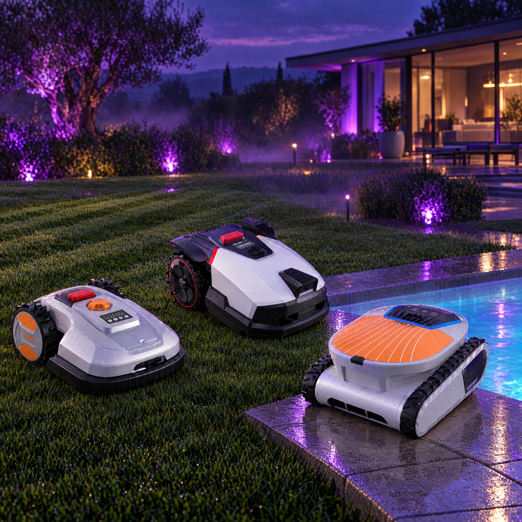Robotic lawn mowers and a robotic pool cleaner in a garden at dusk.